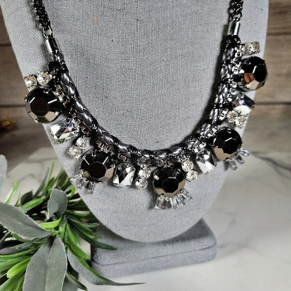 Express Gunmetal Statement Necklace Black Icy Clear Faceted Rhinestones … - Picture 1 of 8